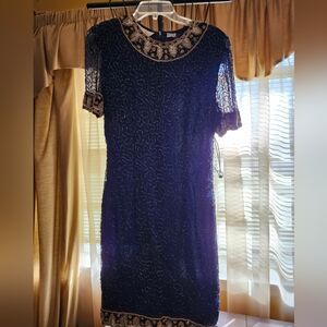 Laurence Kazer New York Vintage Dress Sequined Elegant Blue Gold Size Med